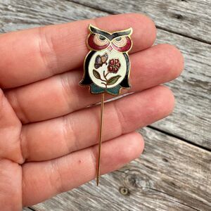 Vintage Cloisonné Owl Stick Pin: Enamel Brooch